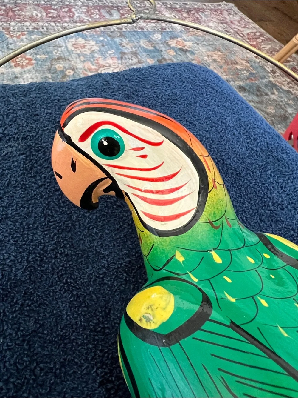 Colorful Parrot Hanging Bird Decor in Green and Orange - Ceramic Pottery